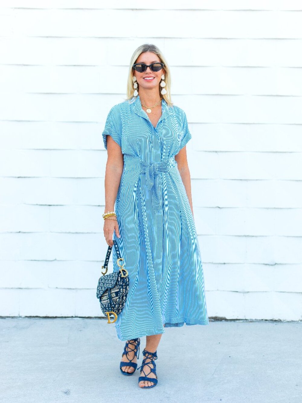 French stripe Blue Midi Shirt Dress with Waist Tie